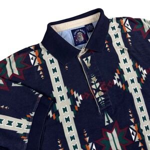 Vintage Salty Dog Gant Polo Shirt Mens Large Navy Southwestern Aztec Pique Print